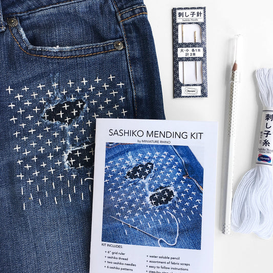 Sashiko Mending Kit - a DIY guide to decorative, functional patching by hand - Miniature Rhino